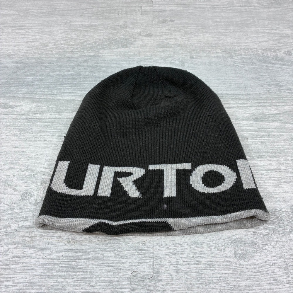 Burton Beanie Mens OS Black Grey Knit Large Logo Snowboard Winter Hat